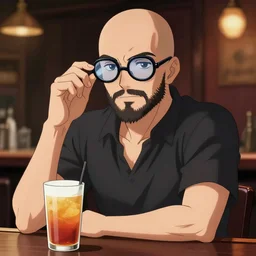 A short bald man with a beard and dark rimmed reading glasses. Sittimg at a bar with a drink, cowboy bebop anime style, digital art, 8k, UHD