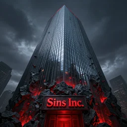 a dark glass skyscraper in hell made of black rock with red glow and signboard ‘Sins Inc.’ on it, sins inc skyscraper front, 8K resolution, highly detailed, digital painting