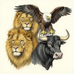 morph of four faces in one : man, lion, eagle, bull. drawn by zdzislaw beksinski