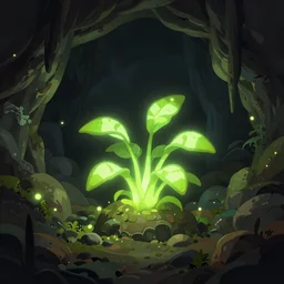 A weird looking glowing plant lighting a dark cave, digital art, illustration, trending on artstation
