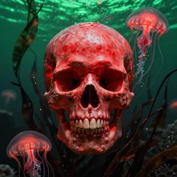 a glowing red skull in a green sea enveloped by jellyfish tendrils and black seaweed by josan gonzalez and dan mumford, highly detailed, high contrast
