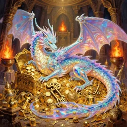 anime key visual of majestic prismatic dragon sleeping in a treasury of gold and treasure, great dwarven halls lit by cauldrons of fire, high fantasy, style of jamie wyeth james gilleard edward hopper greg rutkowski acrylic painting, preserved museum piece, historical