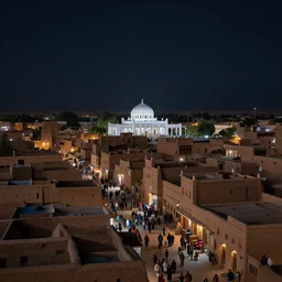 at night low angle in the middle of a adobe house kasbah town, mud and brick houses, merchant street, pueblo dense architecture, colorful crowd. Huge Persian white temple in a plaza, round roof. Kite in the sky. Scenic view at night, underexposed, clean horizon, matte painting by craig mullins and dan mumford, dark fantasy, style of game of thrones, concept art trending on artstation, 4k, insane details
