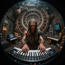 a fisheye lens photo of a post apocalyptic tribal cyborg dj god tweaking and playing synthesizers in the most complicated and technical spiral fractal musical studio, powerful, cinematic, beautifully lit, by donato giancola, by artgerm, by karol bak, 3 d, perfect face and body, trending on artstation, octane render, 8 k