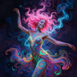 psychedelic [ chemiluminescence ] [ [ [ smiling ] ] ] dancing elegant woman chakra spirit with pink hair smoke and fluid dynamics, colorful, psychedelic, ornate, intricate, digital painting, concept art, smooth, sharp focus, illustration, blacklight reacting, art by artgerm and greg rutkowski