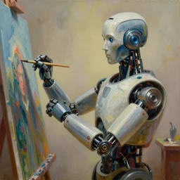 colourful cinematic bust portrait of an artist robot painting an artwork on a canvas with a brush, robotic enhancements, desaturated, Tim Hildebrandt, Wayne Barlowe, Bruce Pennington, donato giancola, larry elmore, oil on canvas, masterpiece, trending on artstation, featured on pixiv, cinematic composition, dramatic pose, beautiful lighting, sharp, details, hyper-detailed, HD, HDR, 4K, 8K