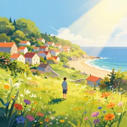 colorful sylvain sarrailh illustration of a lonely summer village near the beach, brightly illuminated by rays of sun, wildflowers, artstation