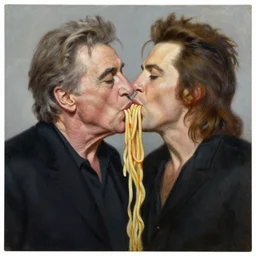 robert de niro and dee snider spaghetti noodle kiss, an oil painting by ross tran and thomas kincade