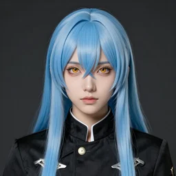 full face shot of rimuru tempest, sky blue straight hair, long bangs, with amber eyes, wearing a fancy black jacket, high collar, ultra detailed, brush strokes, digital painting, cinematic, wlop artstation, closeup, pixiv, eerie, scary, intimidating glare, evil, yoshitaka amano, junji ito,