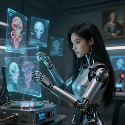 beauty young spanish woman with long black hair robotic arms, interacting withholograms of alien artifacts, electrical case display, Terminator tech, ultrarealistic, dramatic lighting, electrical details, high details, 4k, 8k, best, accurate, trending on artstation, artstation, photorealism, ultrarealistic, digital painting, style of Peter Mohrbacher, Caravaggio, Hajime Sorayama and Boris Vallejo