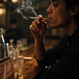 photograph of a person smoking a cigarette in a bar
