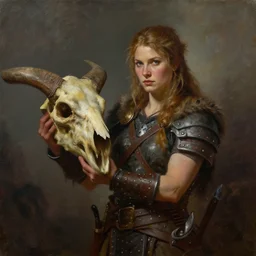 beautiful painting of a female barbarian holding an orc ’ s served head. cinematic lighting by gerald brom greg rutkowski,