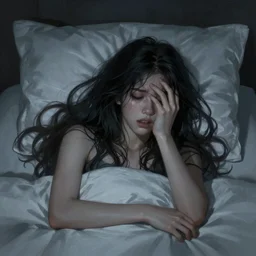 digital painting of an anxious beautiful girl on bed having a nightmare