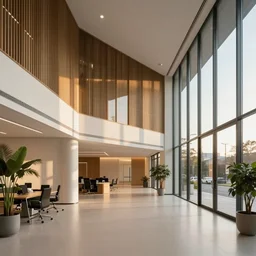 an office lobby interior designed by gensler, golden hour