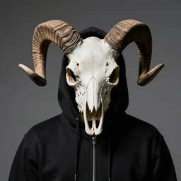 man in a hoodie with a ram skull for a head