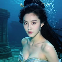 fan bingbing as a chinese warrior princess underwater in the ruins of atlantis, underwarter lighting, styling by Tom Eerebout & Sandra Amador, clear makeup, clean hair, dry skin, clear skin, airbrushed, bright eye makeup, warrior body, photo by mario testino, 8k octane render, cinematic, hyper detailed, micro details, insanely detailed, trending on artstation, concept art
