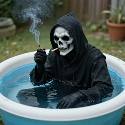 a grim reaper smoking weed in a kiddie pool, very detailed, perfect composition, perfect lighting, 4 k, jacques - laurent agasse, artgerm