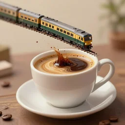 a train riding falling into a giant cup of coffee, elegant oil digital art, artstation, high detail, tiltshift, miniature 4 k