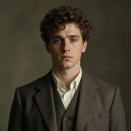 portrait painting of a young man of 2 7, wearing a plain suit, curly brown hair, tired eyes, not clean shaven ， reporter unreal render cinematic lighting art 1 9 2 0 period drama by bussiere rutkowski andreas rocha