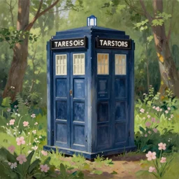 A beautiful painting of TARDIS in the forest with little pale pink flowers and green trees, soft sun light by Herbert Arnould Olivier, Trending on artstation