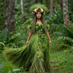 The female character assumes the shape of a woman with a face resembling a Polynesian woman. She is clothed in trees and lush vegetation, and she has grassy hair that is adorned with floral bunches that resemble headdresses. With a streaming dress formed of vegetation, she has the appearance that her entire body is the landscape itself.