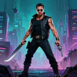 danny trejo in a cyberpunk landscape wielding a machete and a revolver, concept art