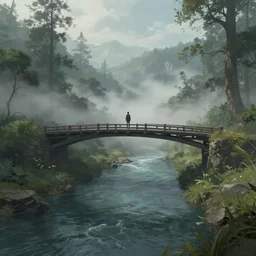 a person standing on a bridge over a river, a detailed matte painting by kano naizen, cgsociety, fantasy art, matte painting, terragen, made of mist