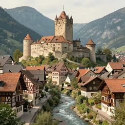 view of medieval walled city nestled in a mountain with small river flowing through center, large castle high up in a mountain peak in the background, alpine architecture, half - timbered, tudor style houses, chalet, soft colors, cozy, very beautiful, intricate, majestic, concept art, artgerm, james gurney, trending on art station
