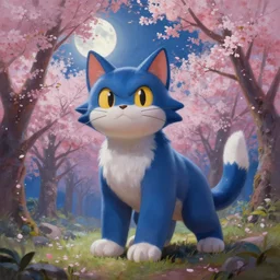 a beautiful painting of battlecat in a cherry blossom forest, volumetric lighting, moonlit by greg rutkowski and kalin popov, trending on artstation, masterpiece,
