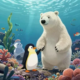a wholesome animation key shot of a polar bear and penguin friend adventuring, underwater, coral, seaweed, fish swim past, studio ghibli, pixar and disney animation, sharp, disney concept art watercolor illustration by mandy jurgens and alphonse mucha and alena aenami, dramatic lighting