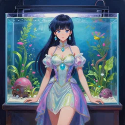 southeast asian scifi princess in a planted aquarium, wearing a lovely dress with vaporwave elements. this oil painting by the award - winning mangaka has an interesting color scheme and impeccable lighting.