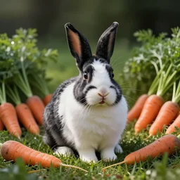 black and white spotted bunny with floppy ears in a grassy field surrounded by carrots, happy, photo