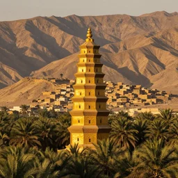 photo of vertical golden tower, stacked ancient village, arid mountains and lush palm forest, photo realism, sharp focus, octane, golden hour