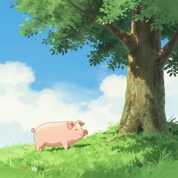 pig on a hill next to a tree, style from aoshima chiho