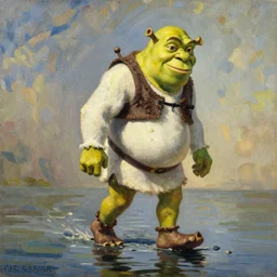 Shrek walking on water, oil painting on canvas (1756), rembrandt