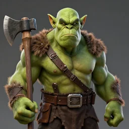 thrall green orc, portrait, lumberjack outfit, axe, angry, big eyebrows, highly detailed, digital matte painting, by midjourney