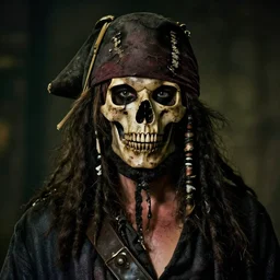 70mm photo of a worn out and torn dirty skull masked dirty rugged old pirate lord wearing a Real worn out Skull Bone Mask dirty old black hat, worn black coat, long black beard and long black hair, dark scene with dim light, movie scene, depth of field