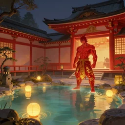 muscular warrior standing in cozy ethereal empty onsen next to grand japanese architecture pogota red and gold by greg rutkowski craig mullins ross tran mucha cozy zen garden glowing water levitating lanterns lumen reflections matte painting concept art clear focus fantasy specular lighting global illumination trending on artstation