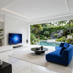 luxury lush singaporean garden inside white japanese themed living room with multiversal tv and royal blue couch by james jean and peter mohrbacher and ruan jia, set in travertine terraces waters, elegant, majestic, mystical, high - end