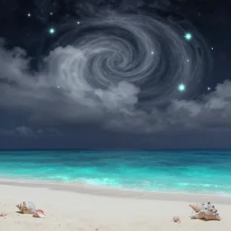 harmony of hawaii, swirly clouds, starry night, glowing neon flowers, white sand, cyan glowing ocean, seashells, by wlop, james jean, victo ngai! muted colors, highly detailed, fantasy art by craig mullins, thomas kinkade