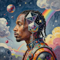 of a surreal gouache painting, by yoshitaka amano, by ruan jia, by conrad roset, by kilian eng, by good smile company, incredibly detailed, of floating molecules and a travis scott head side view floating in the middle icosahedron with stars, clouds, and rainbows in the background, cgsociety, artstation, modular patterned mechanical costume and headpiece, retrowave atmosphere.