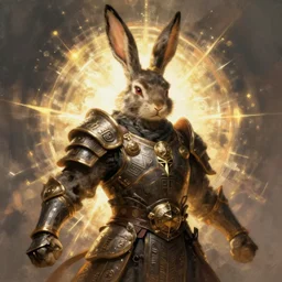 d and d rendered illustration of a very aggressive mystic looking bunny warrior, armor encased in glyphs, in the style of bernie wrightson art
