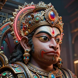 high quality 3 d render post - rococo cyberpunk hanuman! head building, neon madhubani, open mouth, highly detailed, in sci - fi shri ram centre, cinematic smooth unreal engine, lee madgwick & liam wong, dramatic light, low angle, uhd 8 k, sharp focus
