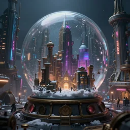 a steampunk city filled with buildings, skyscrapers and neon lights, steampunk city trapped in snowglobe by Dan Mumford, Brian Edward Miller, Michael Kaluta and Cyril Rolando