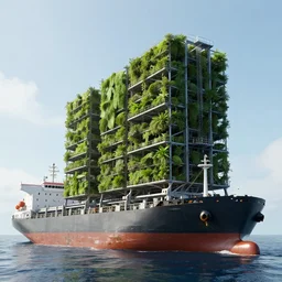 a cargo ship that has an algae vertical farm built on it, futuristic, ultra-realistic, Unreal Engine