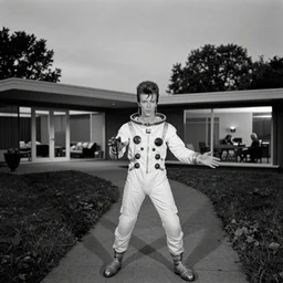 photorealistic med shot black and white twilight zone style cinematography of a 1 9 8 1 christine f station to station version of healthy david bowie in a cheesy 5 0's space suit acting as a man from outter space in a twilight zone episode that takes place in the john lautner designed mid century modern sheats goldstein house, shot on film by the shining cinematographer john alcott on a cooke panchro 6 5 mm macro lens.
