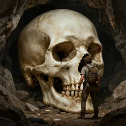 an adventurer finds a giant human skull in a dark cave, 4k digital art
