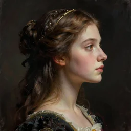 hyperdetailed portrait in side profile of a princess, low key light photography by greg rutkowski, highly detailed, digital painting, artstation, smooth, sharp focus illustration, artstation hq. intricate, elegant. art by wlop and artgerm and greg rutkowski, alphonse mucha. dan mumford, tomokazu matsuyama, takato yamamoto