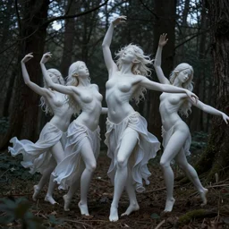 masterpiece ephemeral elven girls dancing in the woods at dusk, composition by anastasiya dobrovolskaya, rossdraws, face by artgerm and edmund leighton, majestic, volumetric lighting, porcelain skin, photorealistic, intricate, trending on artstation 8 k