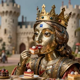 closeup medieval picasso face portrait of a tin toy fairytale princess wearing a crown eating cakes in the castle, bikini, depth of field, zeiss lens, detailed and intricate environment, fashion photoshoot by nicoletta ceccoli, mark ryden, lostfish, breathtaking, 8 k resolution, extremely detailed, beautiful, establishing shot, artistic, hyperrealistic, octane render